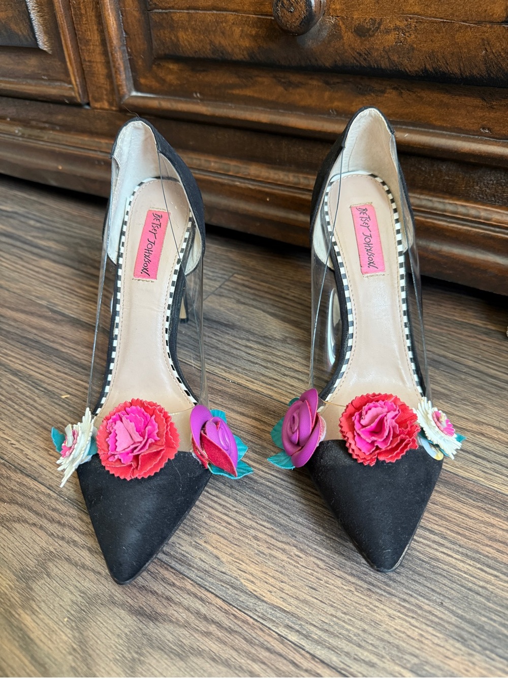 Betsey Johnson Black Floral Pointed-Toe Pumps With Clear Panels
